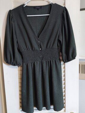 GB Fashion Green Smocked Waist Dress Puff Sleeve Button Front Size S